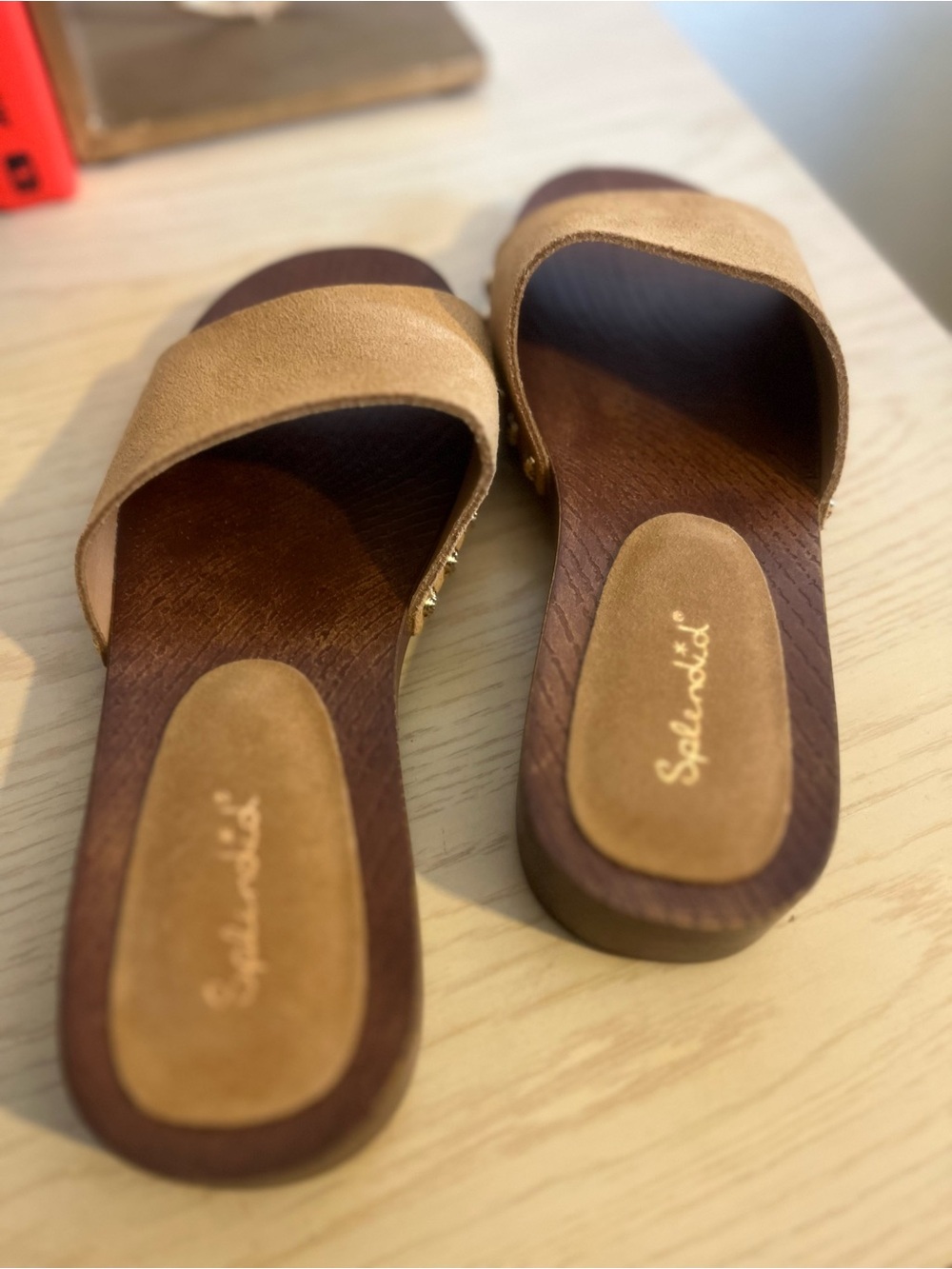 Splendid Tan Suede Slide Mules with Gold Stud Accents - Picture 6 of 8